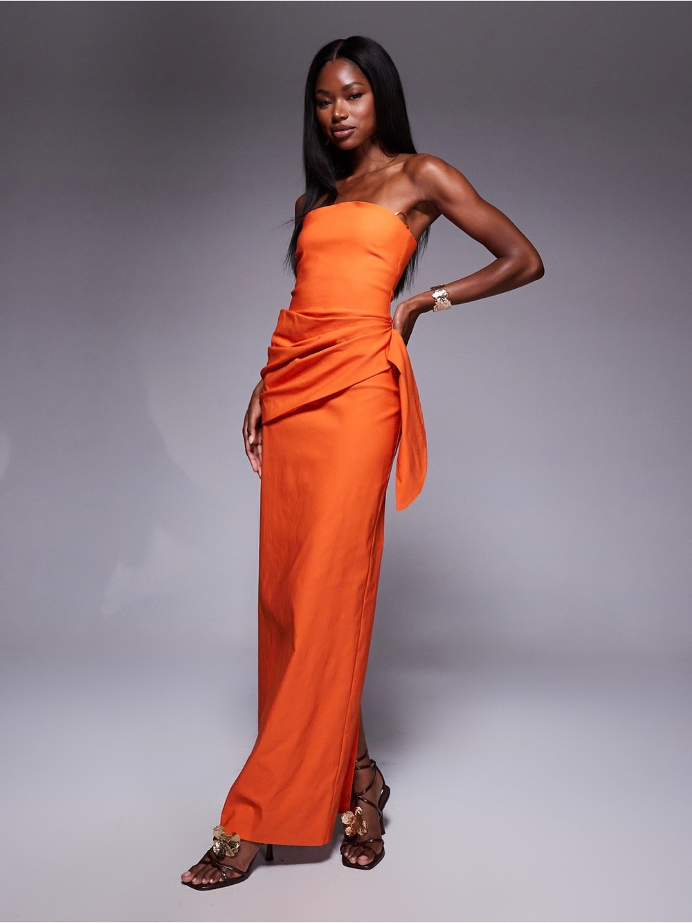 Strapless Orange Ruched Maxi Dress
